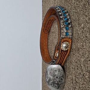 Vtg 1994 Double J Saddlery Bling Horsehair Leather Belt Silver Floral Buckle 32